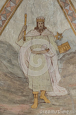 Ancient fresco of king Solomon with the temple and a scepter in his hands Editorial Stock Photo