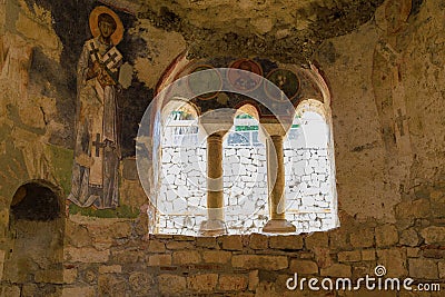 Ancient frescoes and surviving murals of the temple in the church of St. Nicholas. August 10, 2022 Demre, Turkey Editorial Stock Photo