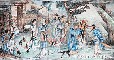 Chinese classical paintings in ancient gardens. Stock Photo