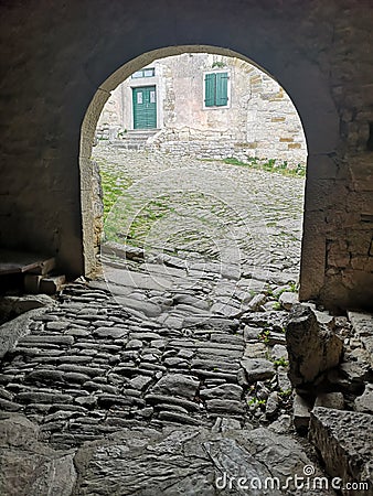 Ancient Gate Hum Smallest Town in the World / Istria, Croatia Stock Photo