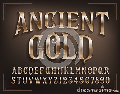 Ancient Gold alphabet font. Golden letters and numbers with shadow. Vector Illustration