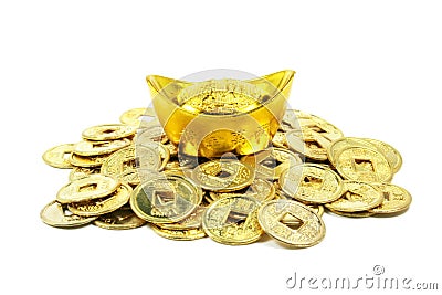 Ancient Golden Chinese Coins in a Pile Stock Photo