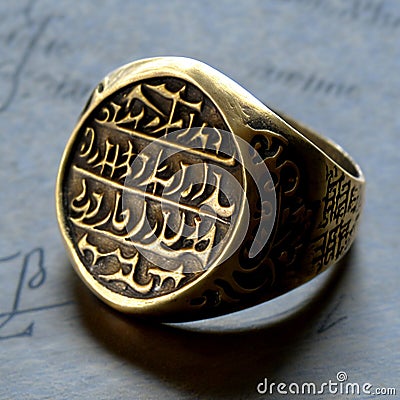 Ancient golden ring with gold abstract typographic symbols decoration with the monogram. Ai-generated realistic Cartoon Illustration