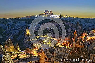 Ancient Goreme town and castle of Uchisar at night Stock Photo