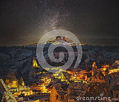 Ancient Goreme town and castle of Uchisar at night Stock Photo
