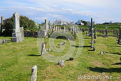 Ancient grave markers in cemetery Stock Photo