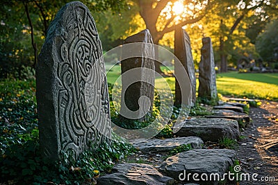 Ancient gravestones in a serene park at sunset Stock Photo
