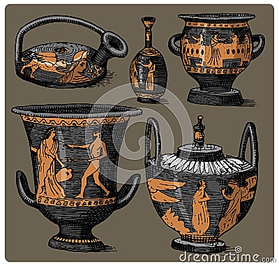 Ancient Greece, antique amphora set, vase with life scenes vintage, engraved hand drawn in sketch or wood cut style, old Vector Illustration