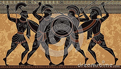 Ancient greece warrior.Black figure pottery.Ancient greek scene Vector Illustration