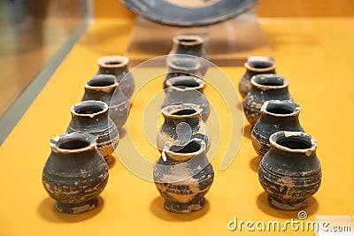 Ancient greek black-glazed medical bottles for hemlock Stock Photo