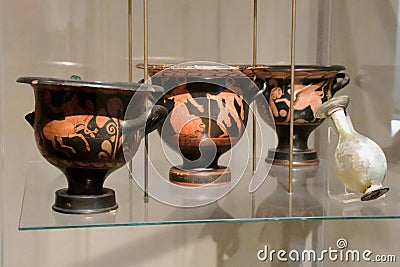 Ancient Greek Black Painted Terracotta Bowls, Palazzo Blu, Pisa, Italy Editorial Stock Photo