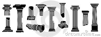 Ancient greek columns silhouette. Black classic roman architectural building elements, monochrome antique pillars and Vector Illustration