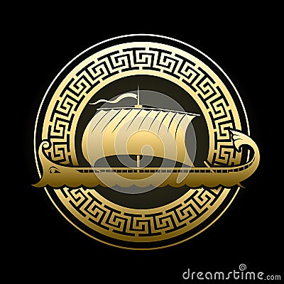 Ancient Greek Galley in Meandre Circle Isolated on Black Background Cartoon Illustration