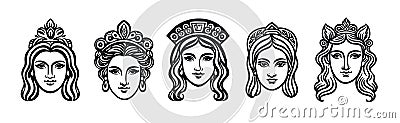 Ancient greek god woman avatars collection, line style head icons Vector Illustration
