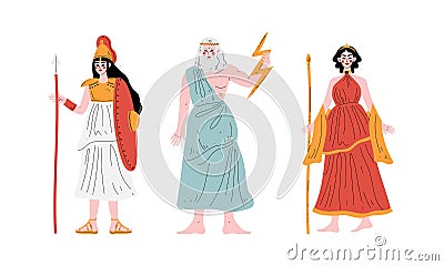 Ancient Greek God with Zeus Holding Lightning Bolt and Athena with Shield and Spear Vector Set Vector Illustration