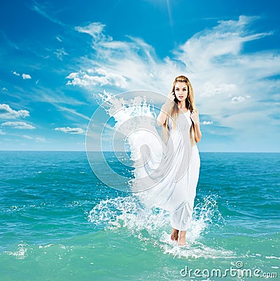 Ancient Greek Goddess in Sea Waves Stock Photo