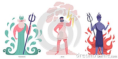 Ancient greek gods. Olympic greek main powerful gods, zeus, poseidon and hades. Greek ancient mythology gods vector Vector Illustration