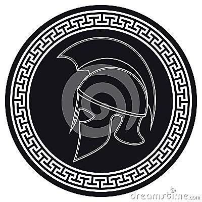 Ancient Greek Helmet with a Crest on the Shield on a White Background Vector Illustration