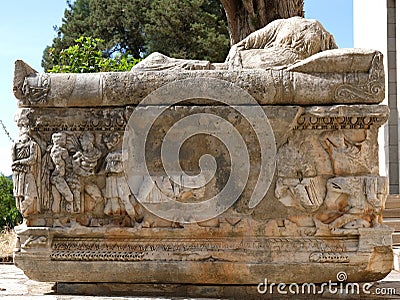 Ancient Greek Marble Sarcophagus, Delphi, Greece Stock Photo