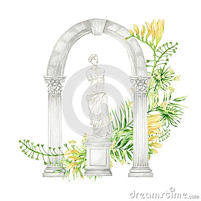 Ancient greek sculpture Venus goddess, arch with column corinthian order, greenery bouquet, Watercolor Antique Greece Cartoon Illustration