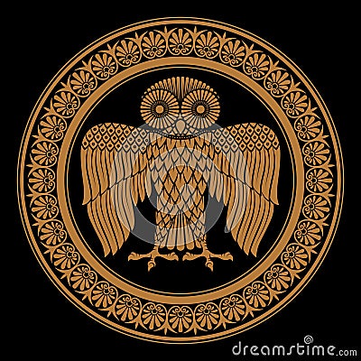 Ancient Greek shield with the image of an Owl and classical Greek floral ornament, vintage illustration Vector Illustration
