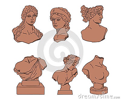 Ancient Greek statues of goddess or nymph, vector terracotta line and solid silhouettes antique sculptures of female Vector Illustration