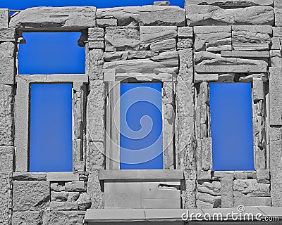 Ancient Greek temple wall and windows Stock Photo