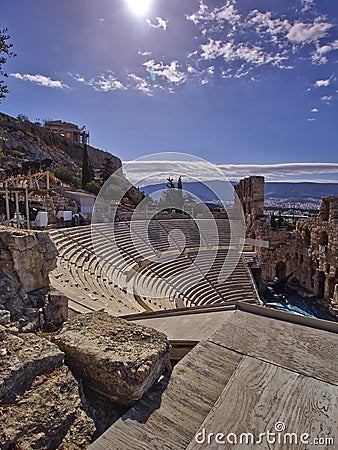 Ancient Greek theatre under Parthenon temple Stock Photo