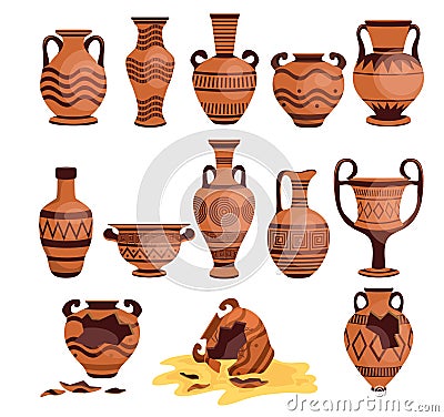 ancient Greek vases set. Logos with Greek antiquity urns. Damaged cracked ancient Greek vases. Old Roman handmade clay Vector Illustration