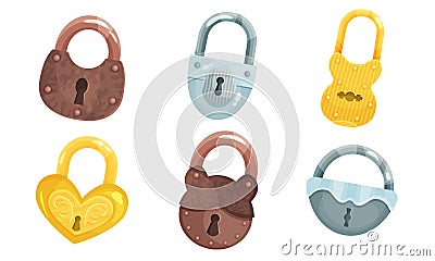 Ancient Hanging Locks Vector Set. Flat Antique Padlocks Collection Vector Illustration