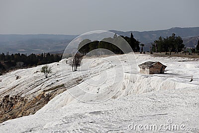 Ancient hellenic tomb submerged in travertine pool in Hierapolis, Pamukkale in Turkey scenic view Stock Photo