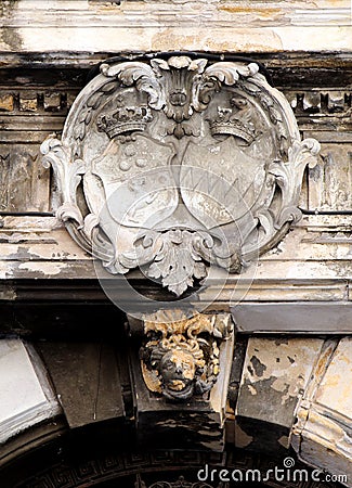 Ancient heraldic coat of arms, damaged Stock Photo