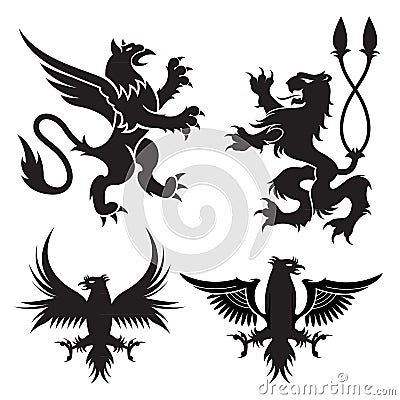 Ancient heraldic griffins symbols of black majestic beasts with body of lion, angel wings and eagle heads. For heraldic design or Vector Illustration