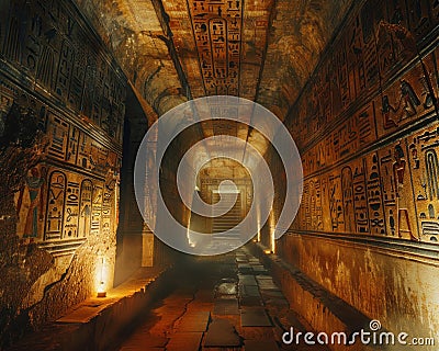 Ancient hieroglyphics illuminated in a pharaohs tomb secrets of Egypt whispered across millennia Stock Photo