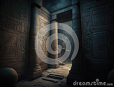 Ancient hieroglyphs line the walls of a mysterious temple each offering some insight into the ancient mysteries of Stock Photo