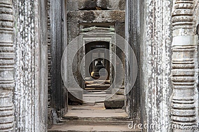 Ancient hindu temple interior decor, Angkor Wat, Cambodia. Preah Khan temple interior decor. Khmer heritage architecture Stock Photo