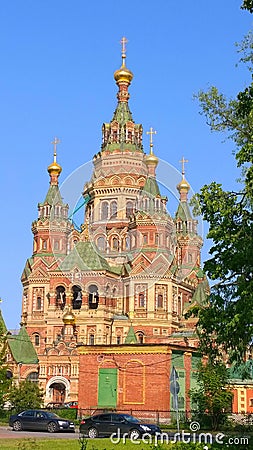 Ancient historical building of orthodox church cathedral in Peterhof Stock Photo