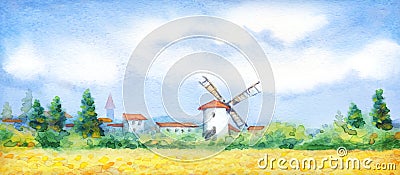 Watercolor landscape. Summer meadow near the barn Stock Photo