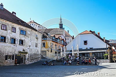 Ancient houses and small square in Skofja loka, Slovenia Editorial Stock Photo