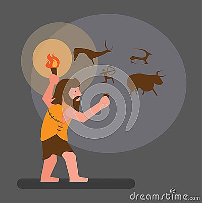 Ancient human drawing in cave flat illustration vector Vector Illustration