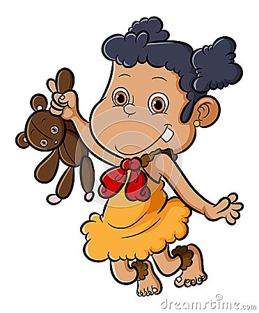 The ancient human girl holding the bear doll Vector Illustration
