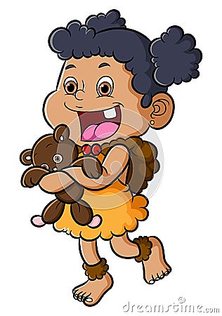 The ancient human girl is hugging the lovely doll Vector Illustration