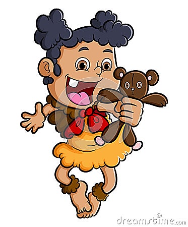 The ancient human girl is showing with the small teddy bear Vector Illustration