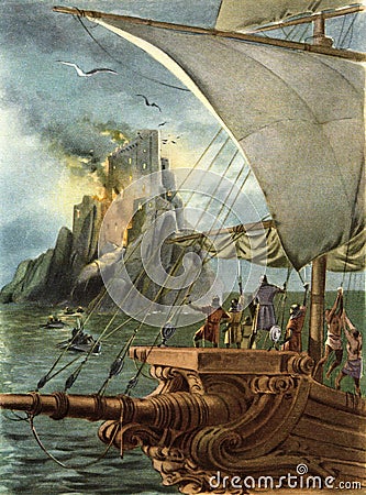 Ancient illustration of the naval battle with the destruction of the castle taken from the book entitled the lion of damascus by e Cartoon Illustration