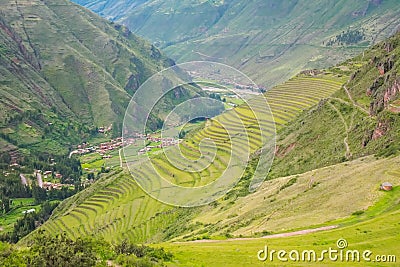 Ancient Inca circular terraces in Sacred Urubamba Valley of Incas, Peru Stock Photo