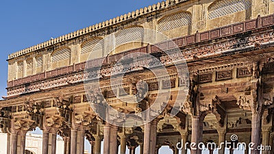 Ancient Indian architecture. The colonnade of the open hall is built of sandstone. Stock Photo