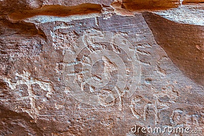 Ancient inscriptions at Khazali siq at Wadi Rum desert in jordan Stock Photo
