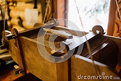 Ancient interior of a rural house in an ethnographic park. Old stove Editorial Stock Photo