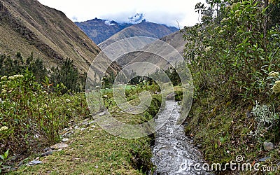 Ancient irrigation channels running through farmland in the Urubamba Valley. Cusco, Peru Stock Photo