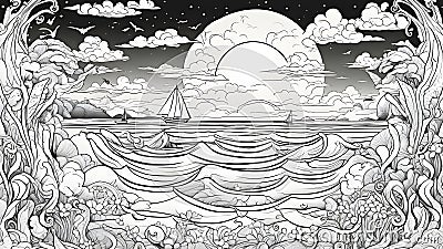 ancient island black and white, coloring book page, seascape Stock Photo